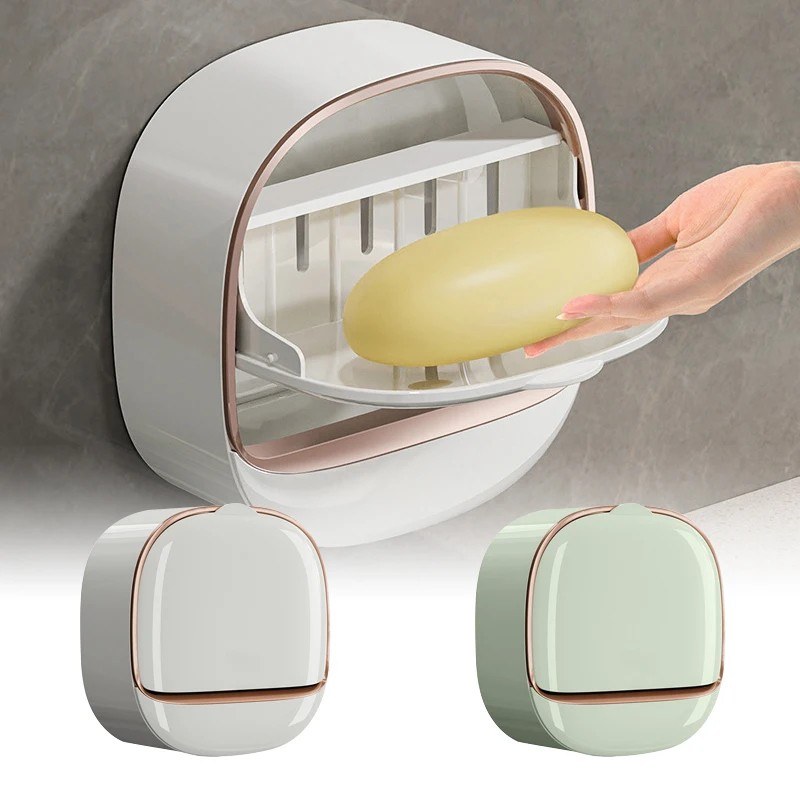 Soap Box Wall Mounted ABS Soap Box with Lid Waterproof Soap Dish Dishes Storage Box -000818