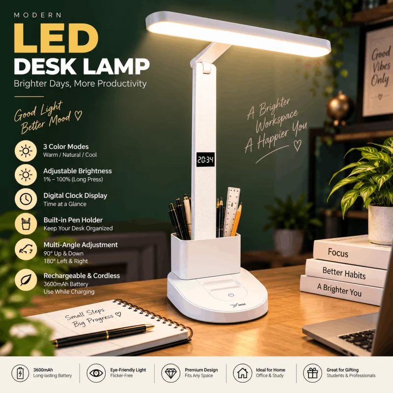 LED Desk Lamp with Digital Clock, Dimmable Eye-Caring Light, Pen Holder & USB Rechargeable Study Lamp -001000