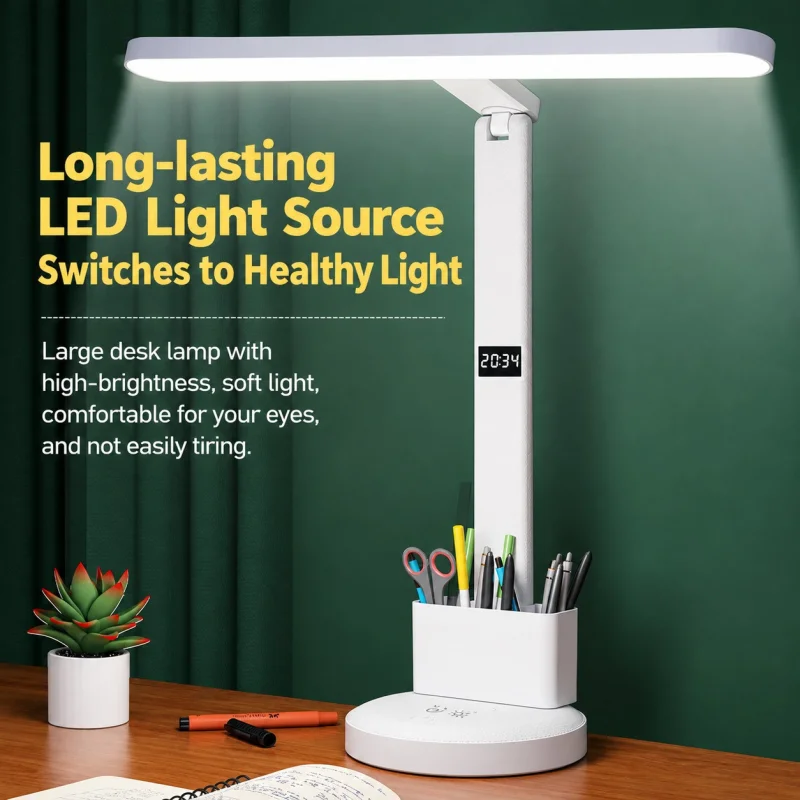  LED Desk Lamp with Digital Clock, Dimmable Eye-Caring Light with Pen Holder, USB Charging for Study, Home-001000