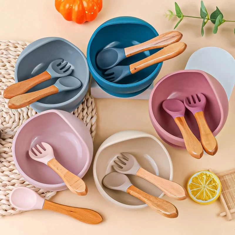  3PCS/Set Silicone Baby Feeding Bowl Tableware for Kids Waterproof Suction Bowl With Spoon-000804