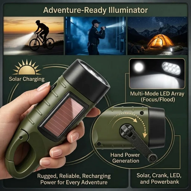 Solar Hand Crank Flashlight IPX4 Waterproof High Brightness Emergency LED Light for Camping Survival Trips-001005