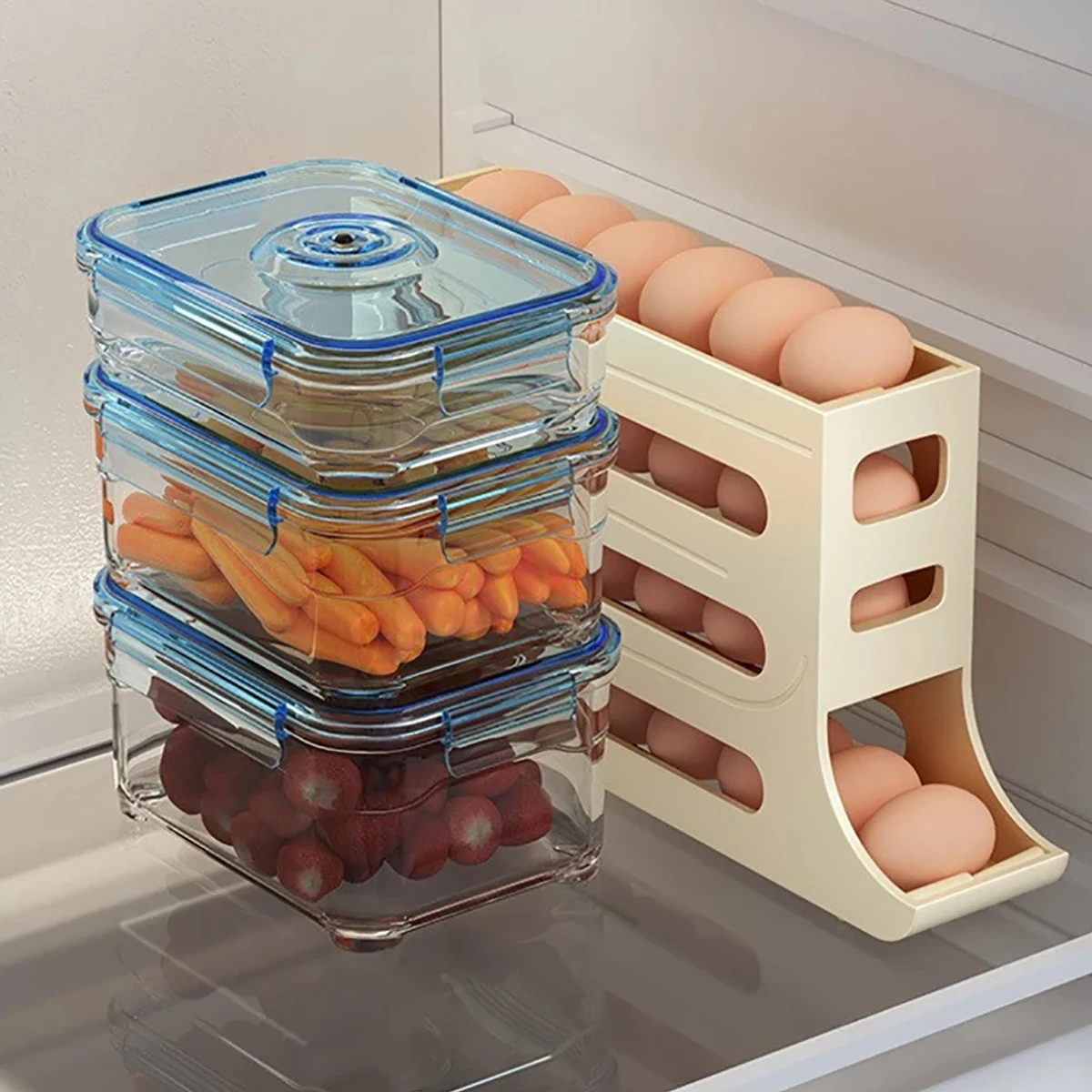 Large Capacity Auto Eggs Rolling Shelf Fridge Egg Storage Box Rack Egg Dispenser for Home Kitchen Organizer