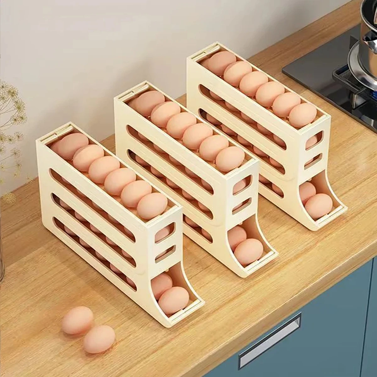 Large Capacity Auto Eggs Rolling Shelf Fridge Egg Storage Box Rack Egg Dispenser for Home Kitchen Organizer