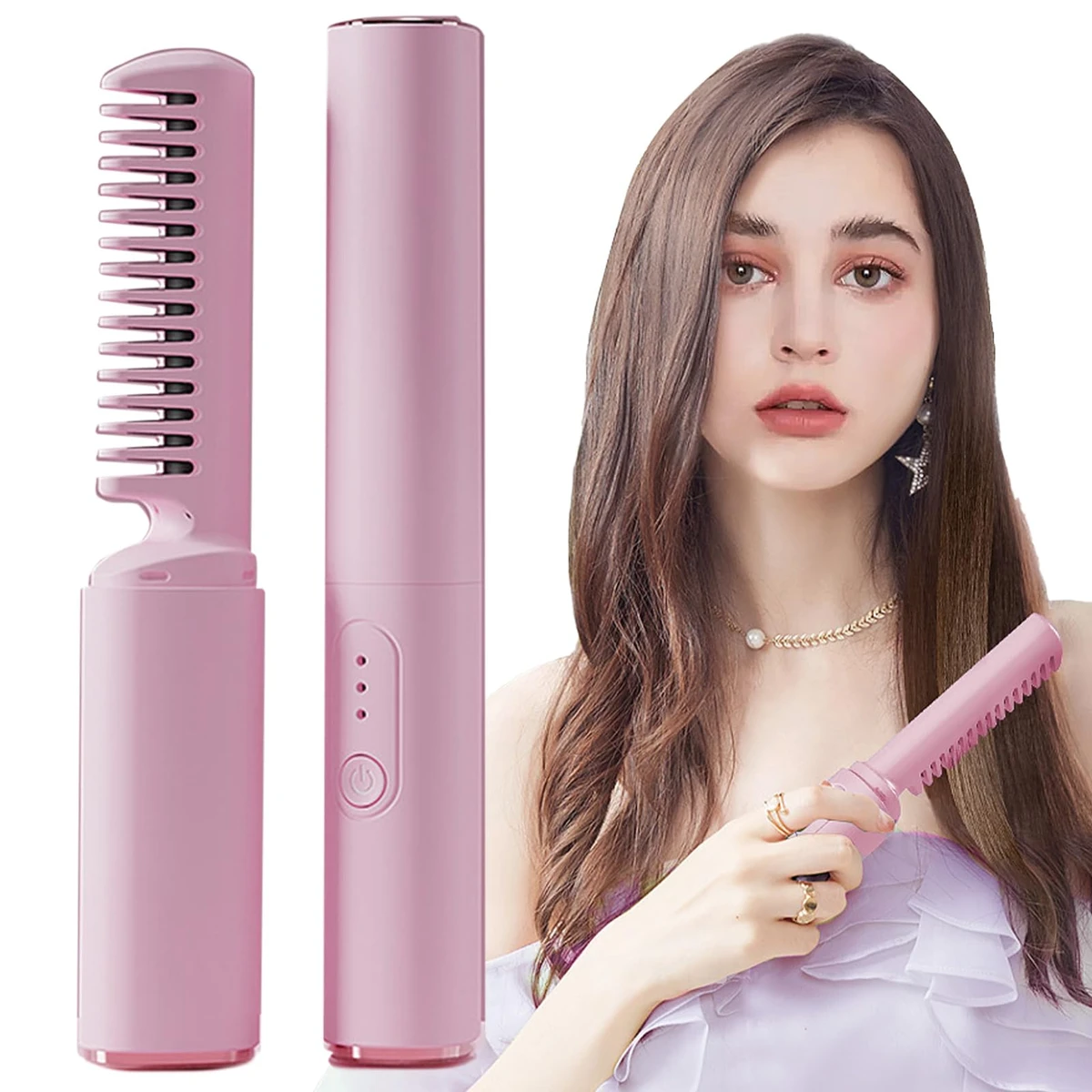 2-in-1 Mini Portable Wireless Straight Hair Comb for Curly Hair & Beard