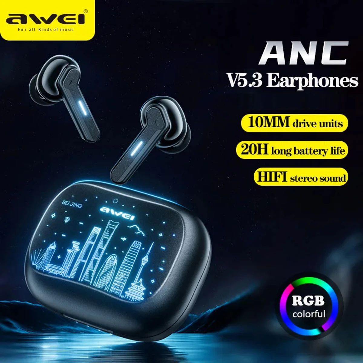 Awei T53 ANC Earbuds TWS Bluetooth Earphones V5.3 ENC Wireless Headphone