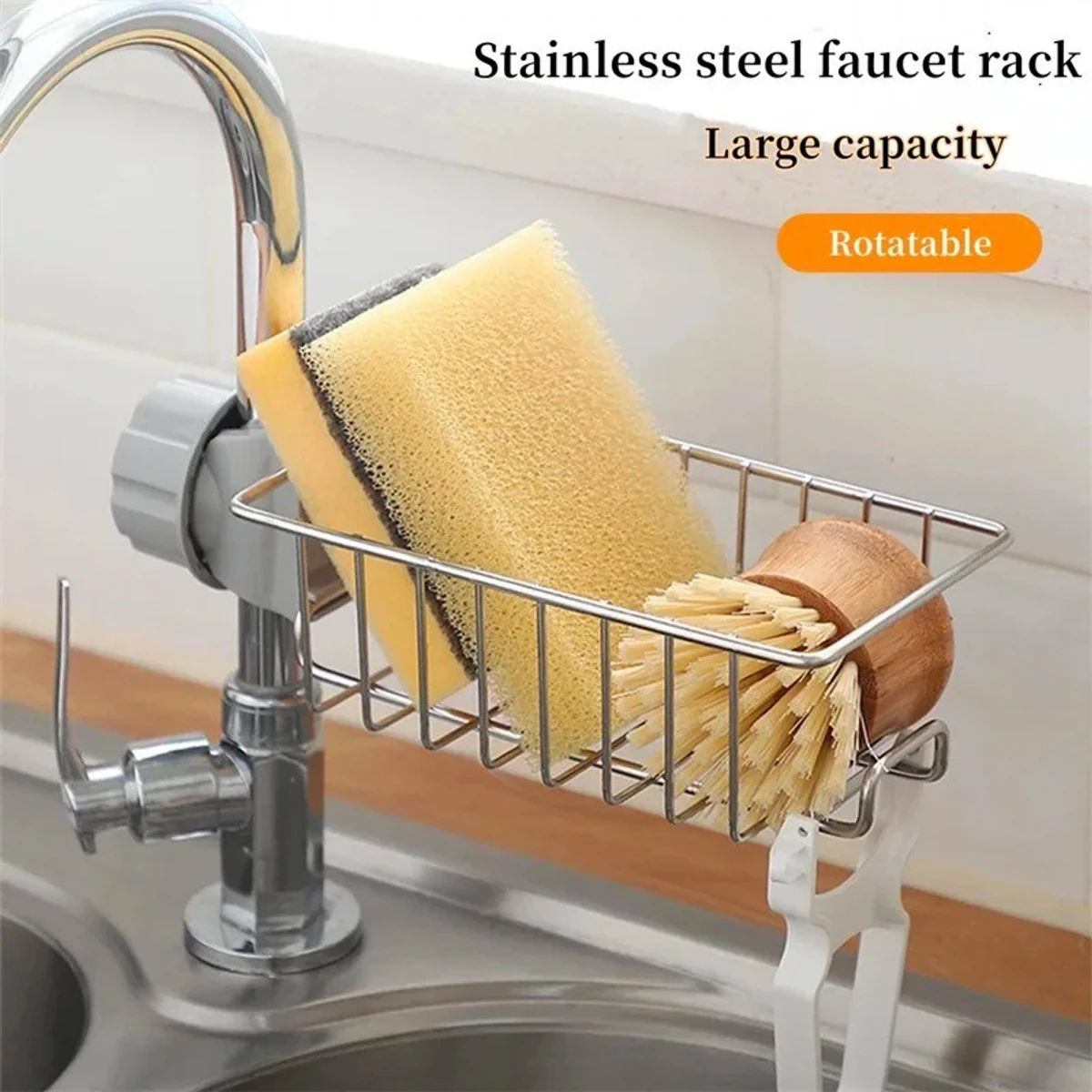 Stainless steel kitchen faucet storage shelf