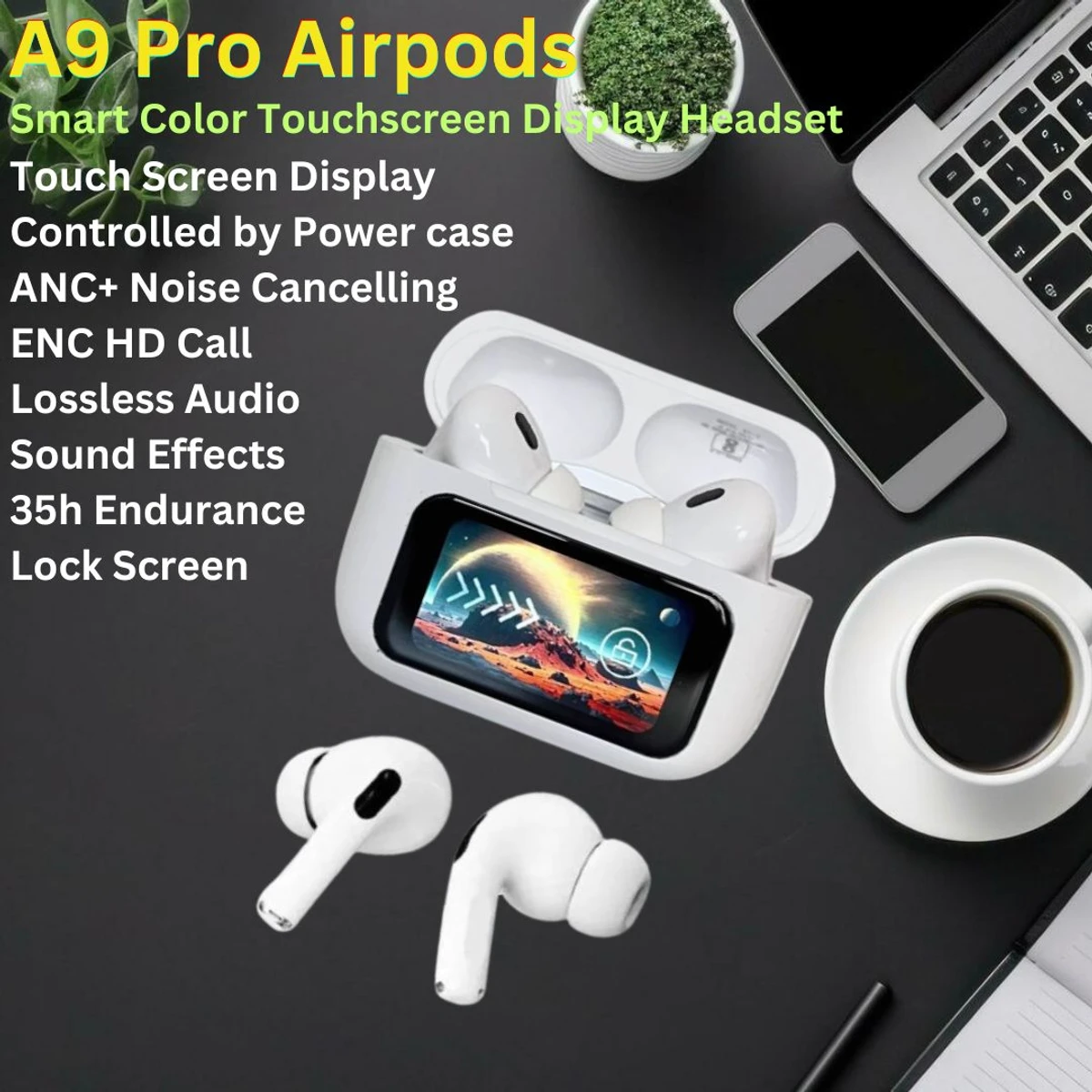 A9 Pro Earphone Touch Screen Wireless Bluetooth 5.4 Headphone ANC/ENC Noise Cancelling In Ear Earbuds With HD Mic Call Headset