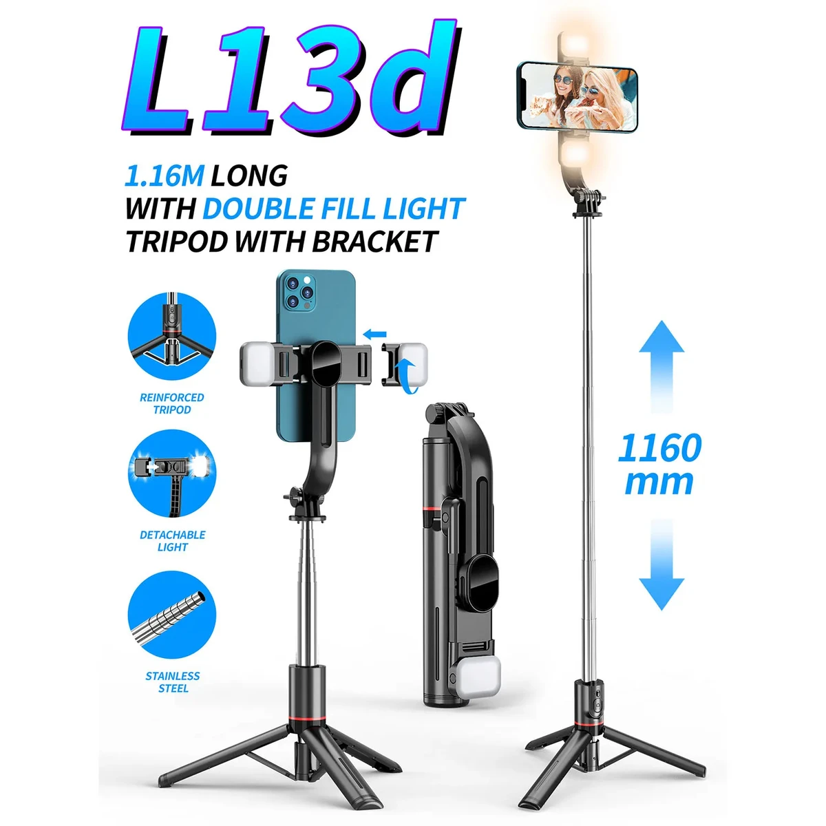 L13d Bluetooth Tripod Selfie Stick with Front and Rear Fill Light